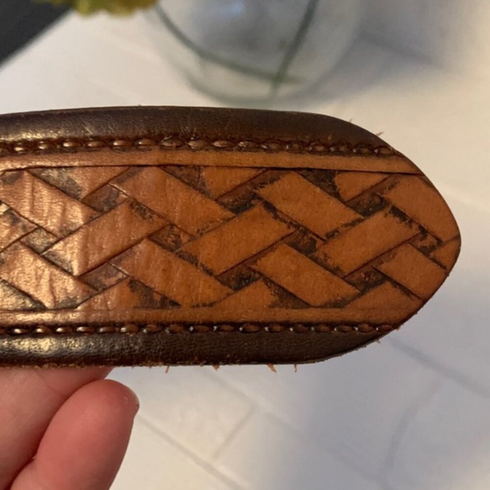 Woven Tan Leather Belt with Decorative Brass Buckle - Picture 8 of 9